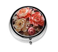 Pivoines aux couleurs vives. Cette petite boîte à pilules ronde imprimée est un organisateur portable de pilules et de vitamines, parfait pour les poches, les sacs à main et les voyages.