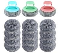 PIWOSGOL 15 Pièces Éponges en Acier Inoxydable avec 3 Poignée Set, Éponge Vaisselle Réutilisable,Éponges à Récurer,Éponge Grattante en Acier d'Inoxydable pour Nettoyage Casseroles et Lavage Vaisselle