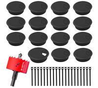 PIWOSGOL 15 pièces Passe câbles Bureau 60 mm, Passe-câbles Table Ronde avec 1 Scie Cloche, Passe-Câbles de Bureau Table pour Bureaux de Table, Noir