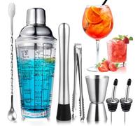 PIWOSGOL 7 Pièces Shaker Cocktail Set, 400ml/14oz Shaker à Cocktail en Verre Acier Inoxydable, Cocktail Set Professionnel avec Accessoires, Bar Kit avec Double Jigger, Verseurs, Cuillère à Mélanger