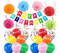 PIWOSGOL Décorations de Fête Anniversaire, Bannière Multicolore Joyeux Anniversaire Banderole avec Pompons Papier, Guirlande Tourbillons et Ballons à Confettis pour garçons filles Décorations de Fête