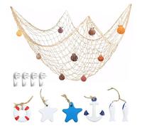 PIWOSGOL Filet de Peche Décoratif 100x200cm Filet de Peche avec Coquillage Decoration, avec 6 Pièces Decoration Marine, pour Maison Salon Chambre Style Méditerranéen Décoration