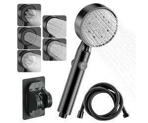 PIWOSGOL Pommeau De Douche de Bain, 5 Modes Douchette de Douche Haute Pression,Poire de Douche Anti Calcaire en Silicone avec 1.5 M Tuyau,Pommeau de Douche Economie Deau Avec Filtre-Noir