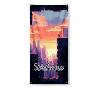 Pixel Art Bannière de porte de bienvenue, paysage rétro coucher de soleil décoratif à suspendre au mur, décoration d'entrée d'automne pour la maison, 91,4 x 183 cm