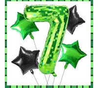 Pixel Ballon Chiffre Anniversaire Ensemble, 5pcs 102cm Vert Ballon Aluminium Décorations de Fête d'Anniversaire Pixelisées sur le Thème de l'Exploitation Minière pour Garçons et Filles (Numéro 7)