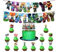 Pixel Cake Topper, Anniversaire Gâteau Décoration, Miner Game Cupcake Toppers, Pixel Miner Crafting Bannières Joyeux Anniversaire, Décorations de Gâteaux D'anniversaire pour Enfant