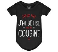 PIXEL EVOLUTION Body Bébé 'J'peux pas j'ai bêtise avec ma Cousine', Body bébé Humoristique, Disponible en Blanc, Bleu, Rose et Noir, idée cadeau naissance (Noir, 18 mois)