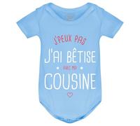 PIXEL EVOLUTION Body Bébé 'J'peux pas j'ai bêtise avec ma Cousine', Body bébé Humoristique, Disponible en Blanc, Bleu, Rose et Noir, idée cadeau naissance (Bleu, 6 mois)