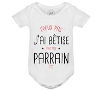 PIXEL EVOLUTION Body J'peux pas j'ai bêtise avec mon Parrain préféré Body bébé - Body humoristique et rigolo - idée cadeau naissance - taille 12 mois - Blanc