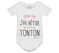 PIXEL EVOLUTION Body J'peux pas j'ai bêtise avec mon Tonton préféré Body bébé - Body humoristique et rigolo - idée cadeau naissance - taille 6 mois - Blanc