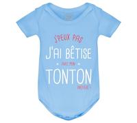 PIXEL EVOLUTION Body J'peux pas j'ai bêtise avec mon Tonton préféré Body bébé - Body humoristique et rigolo - idée cadeau naissance - taille 6 mois - Bleu ciel