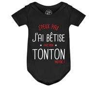 PIXEL EVOLUTION Body J'peux pas j'ai bêtise avec mon Tonton préféré Body bébé - Body humoristique et rigolo - idée cadeau naissance - taille 12 mois - Noir