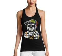 PIXEL EVOLUTION Débardeur Crane Hip HOP - Tête de Mort avec Une Casquette Femme - Taille XS - Noir