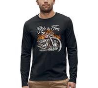 PIXEL EVOLUTION T-Shirt Manches Longues Biker Ride The Fire - Roadster en Flamme Homme - Taille XL - Noir