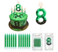 Pixel Game Bougies d'anniversaire en forme de chiffre 8 avec 12 bougies vertes longues et fines, thème jeu de dessin animé pixel, bougie d'anniversaire pour mariage, fête prénatale, fête de jeu vidéo