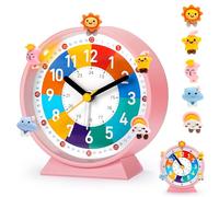 PIXESTT Reveil Enfant, Reveil Enfant Educatif Jour/Nuit IdéAl pour êTre à L’Heure à L'ÉCole, sans Bruit De Tic-Tac avec Fonction Snooze Et Veilleuse, Livré avec 5 Adorables DéCorations De RéVeil