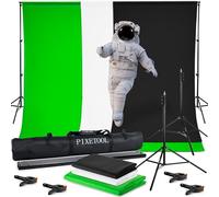 PIXETOOL Écran vert avec support (3 m x 3 m) - Fond photographique - Ensemble de studio photographique - Accessoires pour la photographie en streaming jeux - 3 x toile de fond (vert, blanc, noir) - 4