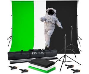 PIXETOOL Fond Vert (1,8m x 2,8m) avec Support (2m x 2m) - Green Screen | Toile de Fond Photo - Toiles de Studio Photo et Éclairage - Écran de Projection - Video Photographie Streaming Gaming