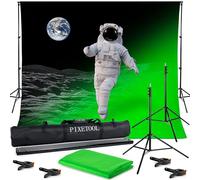 PIXETOOL - Fond Vert (3m x 3m) avec Support (3m x 2,6m) - Fond Photo - Studio Photo - Toile de Fond - 4 Pinces incluses