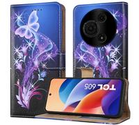 PIXFAB Étui pour TCL 605/60 SE, étui portefeuille en cuir, rabat magnétique, protection RFID et emplacements pour cartes et béquille, pour TCL 605/60 SE - Papillons