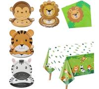 PIXHOTUL 61 décorations d'anniversaire Safari - Les fournitures de fête à thème Safari comprennent des assiettes en papier en forme d'animaux, une nappe de la jungle, des serviettes, pour 20 personnes
