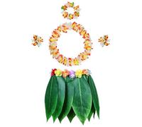 PIXHOTUL Ensemble de 5 pièces Jupe en feuilles Hula et Leis hawaïens, Jupe Hula + Bandeau fleur + 2 Bracelets fleurs + Collier Guirlande, Costume de fête Hula Luau pour femmes, filles (Orange + Blanc)