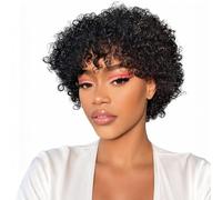 Pixie Cut Curly Human Hair Wig with Bangs Perruque Sans Colle Cheveux Humain Glueless Women's Short Natural Black No Lace