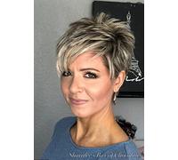 Pixie Cut Perruques courtes élégantes et moelleuses pour femmes blanches Perruque de cheveux synthétiques avec frange pour femme Brun mélangé Blond Perruque courte