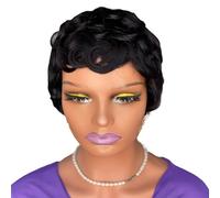 Pixie-Cut-Perücke aus Echthaar für schwarze Frauen, natürliches Schwarz 1B, kurzer Stil, 10 cm Länge, bequeme Kappe mit verstellbaren Bändern, geeignet für die meisten Kopfumfänge