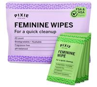Pixie - Lingettes Intimes Jetables - Biodégradables, pH Équilibré - Parfaites en Déplacement et Toilettes Publiques - Nettoyage Coupes et Disques Menstruels - 20 Lingettes
