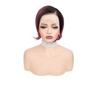 Pixie - Perruque Lace Front Wig Naturelle Lisse, Cheveux Humains, Coupe Bob, 13x4, 6 Pouces, Avec Raie Latérale, Courte for Femmes Noires(Black with Wine Red)