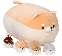 PixieCrush Jouet en peluche pour chien - Maman Shiba Inu avec 4 chiots - Oreiller en peluche pour jeu imaginatif - Ensemble de jouets pour filles de 3 à 8 ans