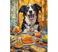 PIXILUV Carte d'anniversaire avec inscription « Happy Birthday » - Adorable chien Border Collie à la table - Grande carte de vœux vintage avec animaux amusants