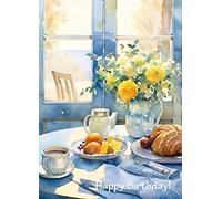 PIXILUV Carte d'anniversaire vintage avec inscription « Happy Birthday » - « Amazing Still Life of Breakfast and Flowers in the Sun »