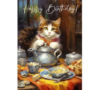PIXILUV Carte de vœux « Happy Birthday » ~ Petit chat mignon partageant un pot de thé ~ Animaux drôles Carte d'anniversaire Vœux d'anniversaire Grande carte vintage