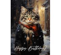 PIXILUV Grande carte d'anniversaire avec inscription « Happy Birthday » - Poor Old Scruffy Looking Cat Out in the Snow - Grande carte de vœux d'anniversaire - Style vintage