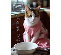 PIXILUV Grande carte de vœux « Happy Birthday » - Adorable chat pelucheux qui cuisine dans la cuisine - Animaux amusants - Carte de vœux vintage