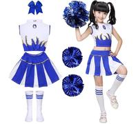 PIXUYE Costume de pom-pom girl pour enfant - Robe de pom-pom girl avec pompons et chaussettes - Uniforme de carnaval, cosplay, bal masqué, Halloween, spectacle, rouge, 110 cm