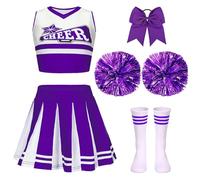 PIXUYE Deguisement Pompom Carnaval Girl Costume Cheerleader Fille avec Barrette Nœud Bâton de Majorette Pompons et Chaussettes, Cheerleader Uniforme pour Halloween Carnaval Fêtes,Purple 130