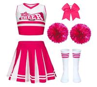 PIXUYE Deguisement Pompom Carnaval Girl Costume Cheerleader Fille avec Barrette Nœud Bâton de Majorette Pompons et Chaussettes, Cheerleader Uniforme pour Halloween Carnaval Fêtes,Pink 160