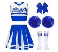 PIXUYE Deguisement Pompom Carnaval Girl Costume Cheerleader Fille avec Barrette Nœud Bâton de Majorette Pompons et Chaussettes, Cheerleader Uniforme pour Halloween Carnaval Fêtes,Blue 140