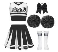 PIXUYE Deguisement Pompom Carnaval Girl Costume Cheerleader Fille avec Barrette Nœud Bâton de Majorette Pompons et Chaussettes, Cheerleader Uniforme pour Halloween Carnaval Fêtes,Black 110