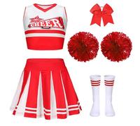 PIXUYE Deguisement Pompom Carnaval Girl Costume Cheerleader Fille avec Barrette Nœud Bâton de Majorette Pompons et Chaussettes, Cheerleader Uniforme pour Halloween Carnaval Fêtes,Red 130