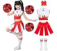 PIXUYE Deguisement Pompom Girl Fille Costume De Cheerleader Enfant Avec Pompons Et Chaussettes Uniforme De Pom-Pom Girl Costume Carnaval Cosplay Mascarade Halloween FêTe Performance,Red-140