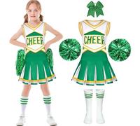 PIXUYE Déguisement Pompom Girl Uniforme de Pompom Girl Fille Costume de Pom-Pom Girl avec Pom Poms Chaussettes Deguisement Cheerleader pour Halloween Carnaval Mascarade, Green-110