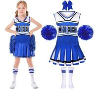 PIXUYE Déguisement Pompom Girl Uniforme de Pompom Girl Fille Costume de Pom-Pom Girl avec Pom Poms Chaussettes Deguisement Cheerleader pour Halloween Carnaval Mascarade, Blue-130