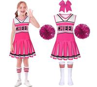 PIXUYE Déguisement Pompom Girl Uniforme de Pompom Girl Fille Costume de Pom-Pom Girl avec Pom Poms Chaussettes Deguisement Cheerleader pour Halloween Carnaval Mascarade, Pink-150