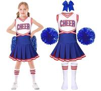 PIXUYE Déguisement Pompom Girl Uniforme de Pompom Girl Fille Costume de Pom-Pom Girl avec Pom Poms Chaussettes Deguisement Cheerleader pour Halloween Carnaval Mascarade,Cyan-150