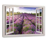 Pixxprint Champ de lavande de Provence, fenêtre, taille : 80 x 60 cm, toile tendue prête à l'emploi, décoration murale, impression d'art, pas de poster