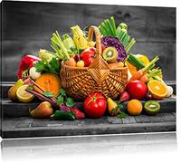 Pixxprint Frisches Obst und Gemüse im Korb ALS Leinwandbild/Größe: 100x70 cm/Wandbild/Kunstdruck/fertig bespannt